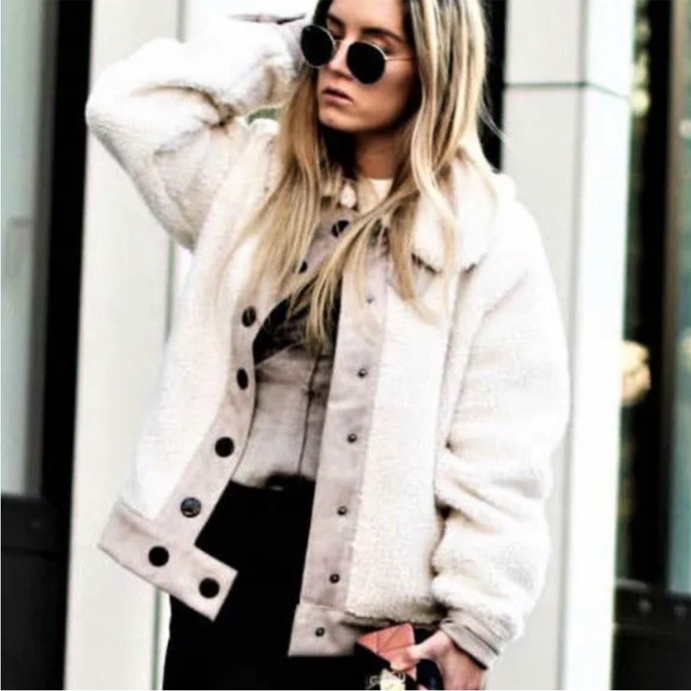 Zara Borg Fleece Jacket Button Front Size Small